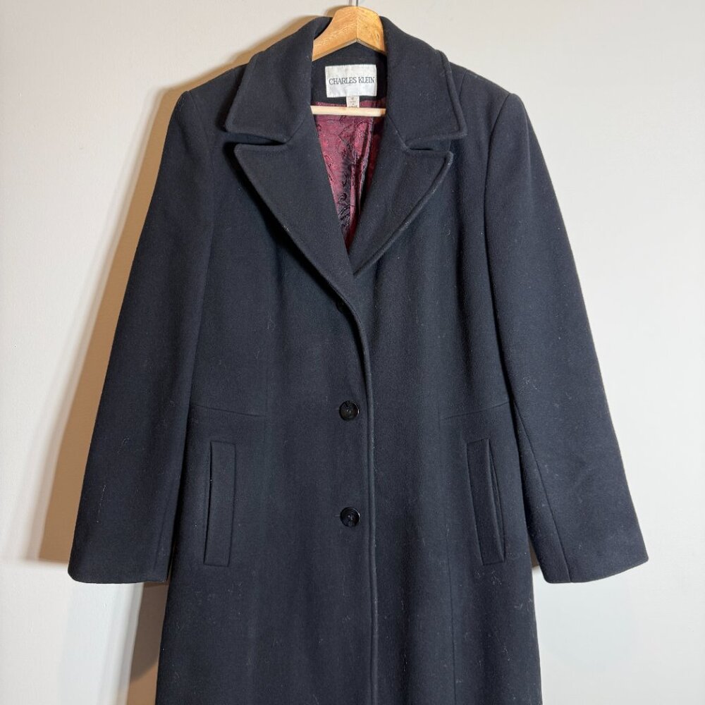 Vintage Charles Klein 100% Wool Long Overcoat Women's 12 Black Minimalist Retro - Picture 5 of 14